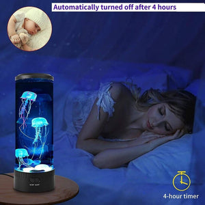 Blue jellyfish lamp on a night stand next to a sleeping woman