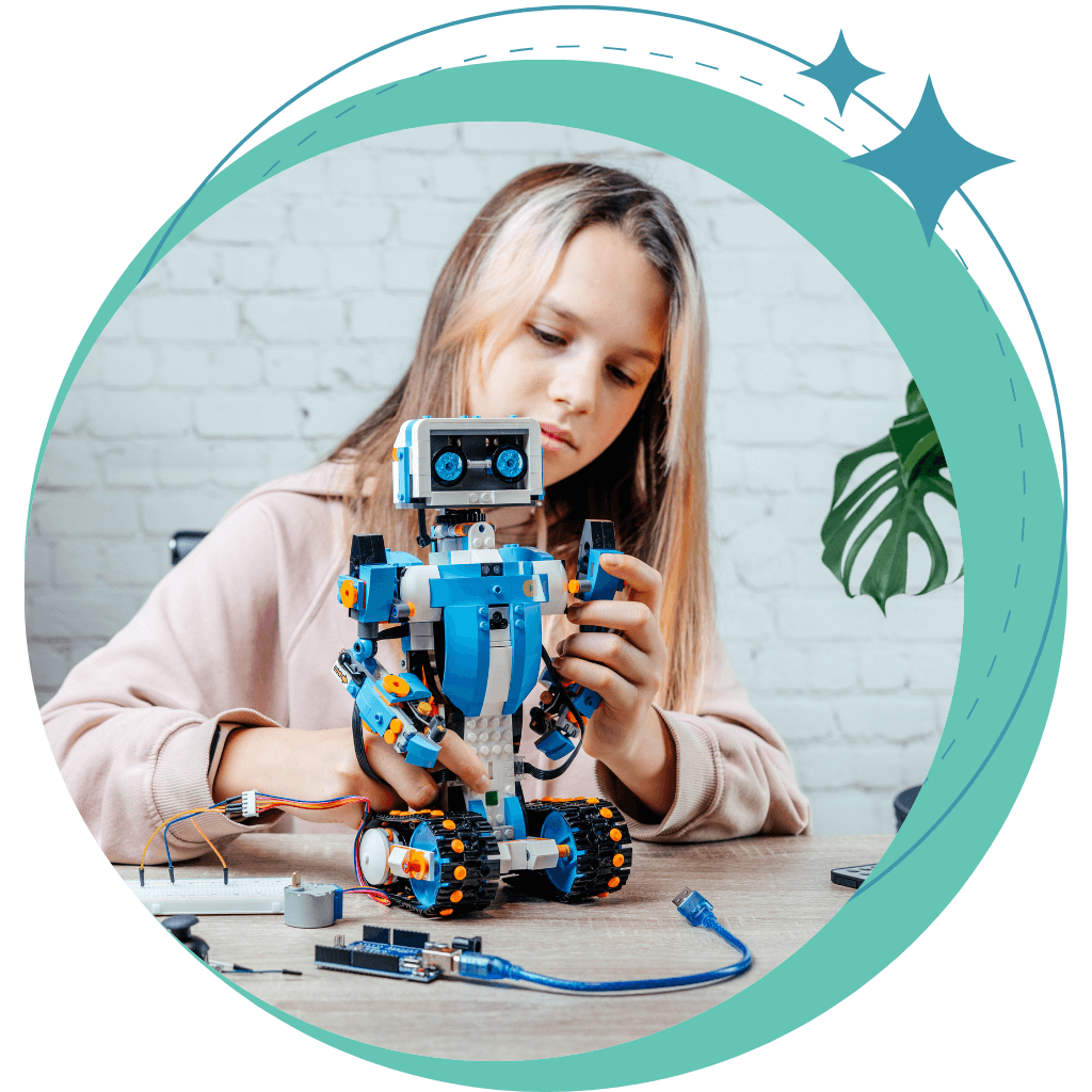 Caucasian girl building a robot on a table