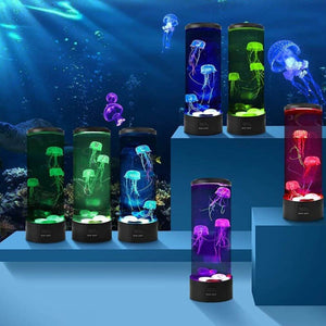 Seven jellyfish lamps with an aquarium on background