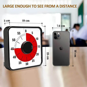 19 cm time timer next to an apple phone showing their dimensions