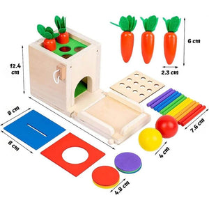 Four in one wooden fine motor skills toy with dimensions