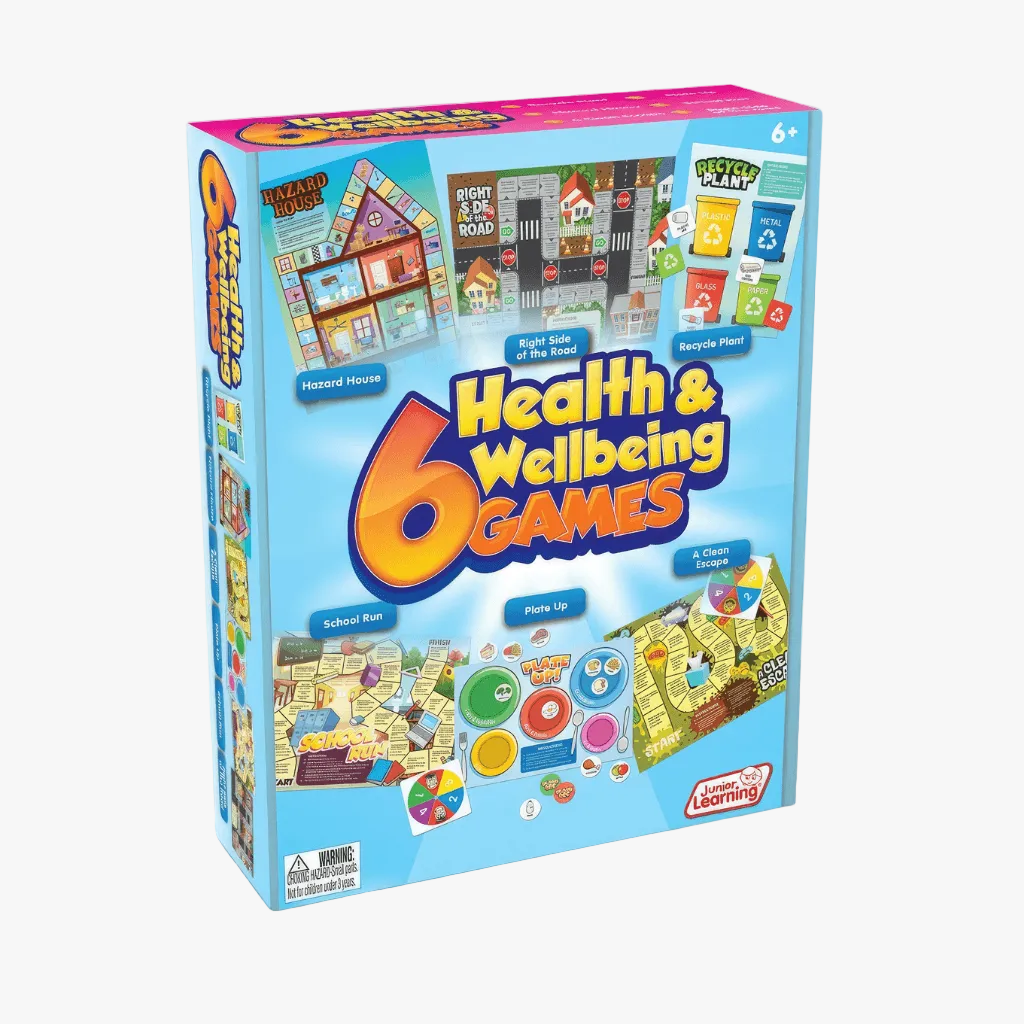 6 Health and Wellbeing Games board game set by Junior Learning box packaging