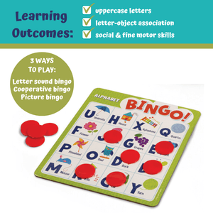 Alphabet Bingo by Peaceable Kingdom learning outcomes info graphic