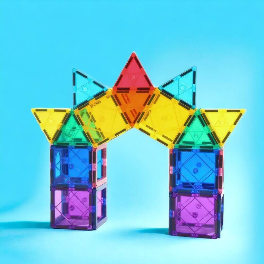 Magnetic tiles for building box and castle on white background