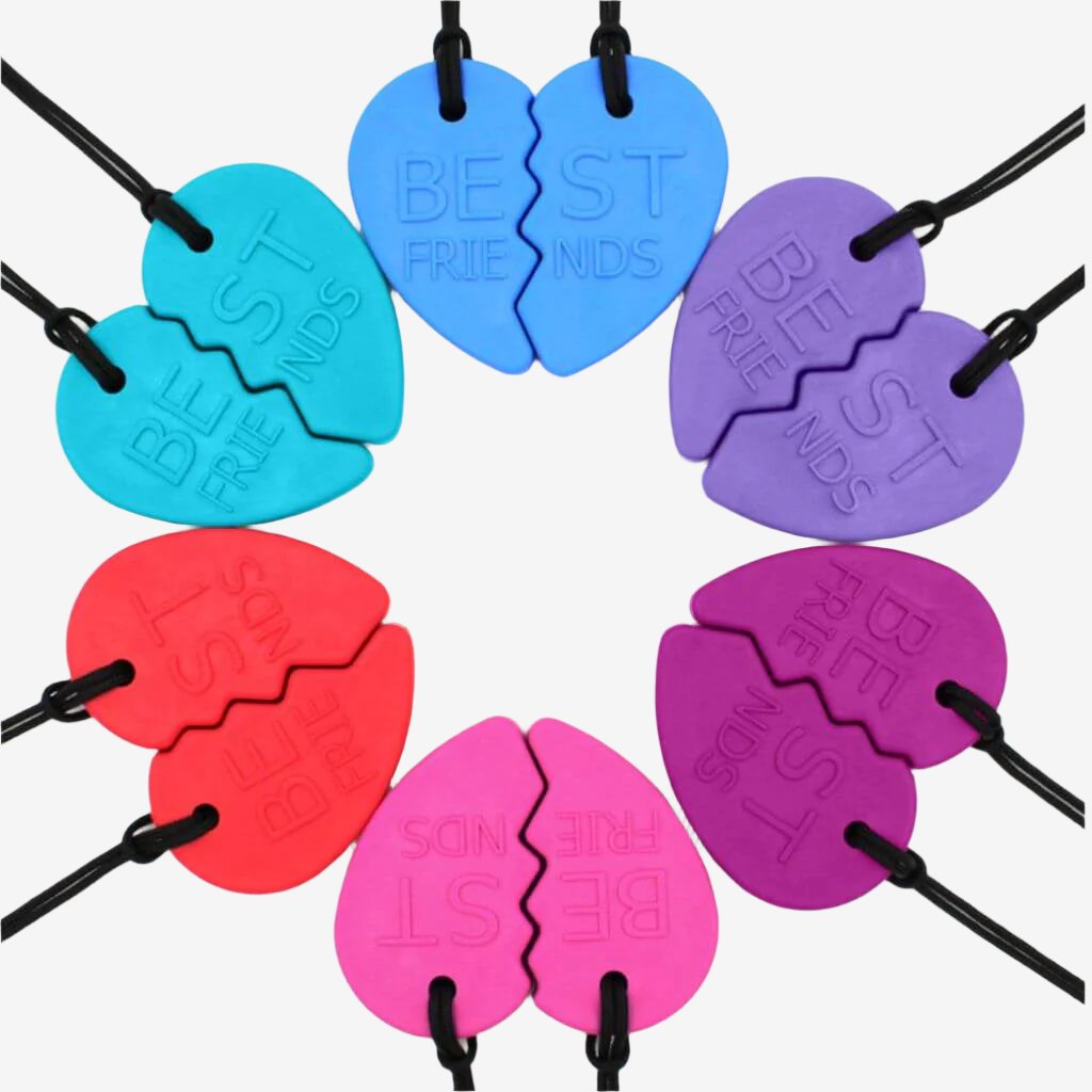 Ark Best Friends Split Heart Chewing Necklaces pink red teal blue lavender magenta on white background