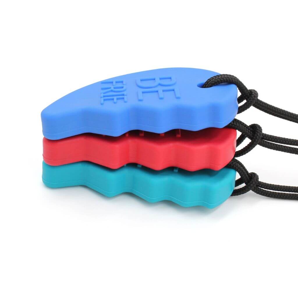 Ark Best Friends Split Heart Chewing Necklaces red teal blue on white background