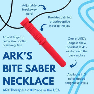    Ark Therapeutic Bite Saber Chewing Necklace red info graphic