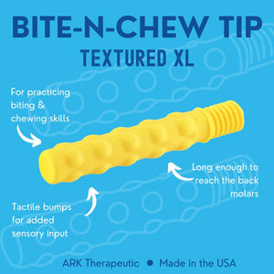 Ark Therapeutic  Z-Vibe Textured Bite-n-Chew Tip XL yellow info graphic
