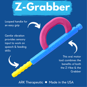 Ark's Z-Grabber vibrating therapy tool with textured Bite-n-Chew tip XL info graphic