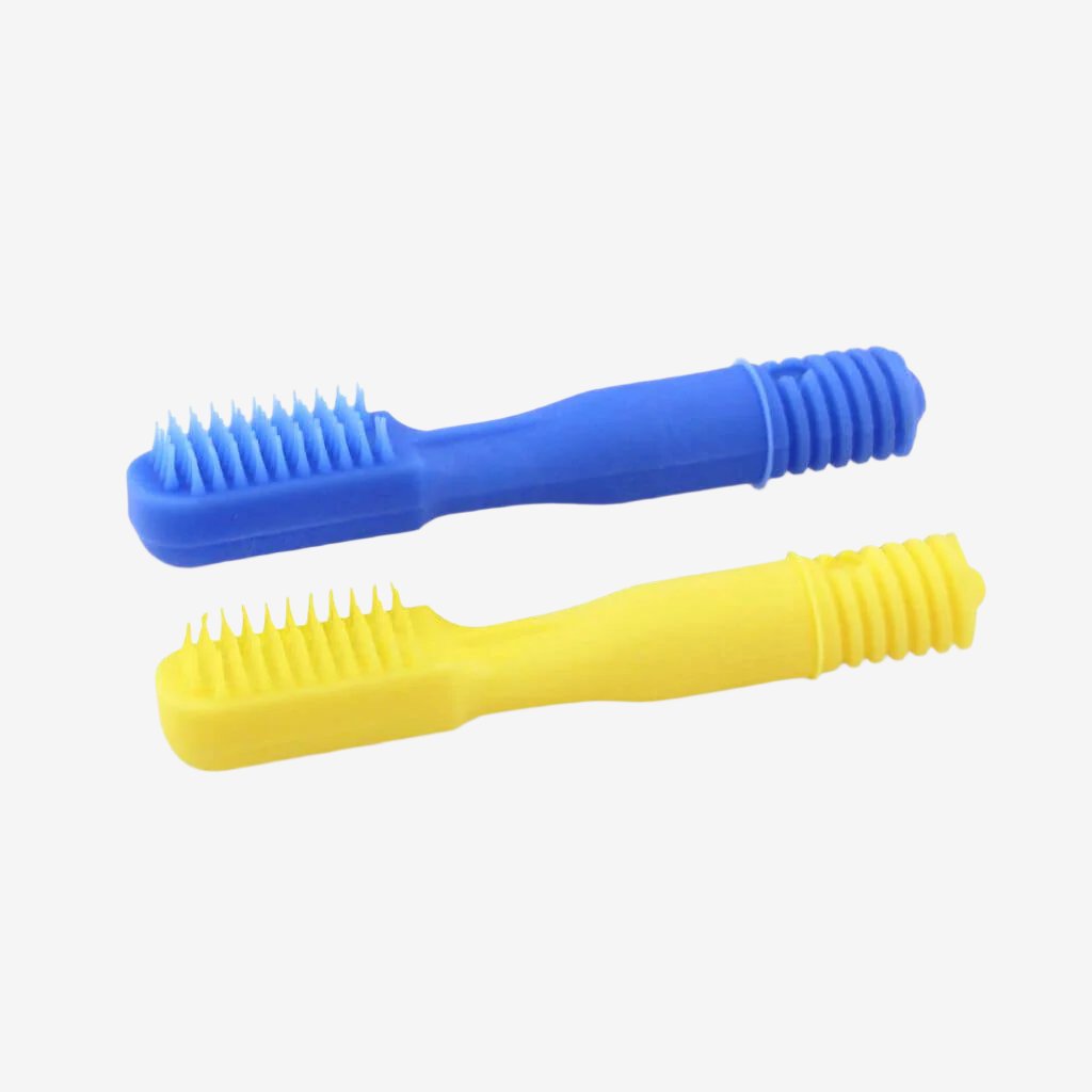 Ark&#39;s Z-Vibe brush tips blue and yellow on white background