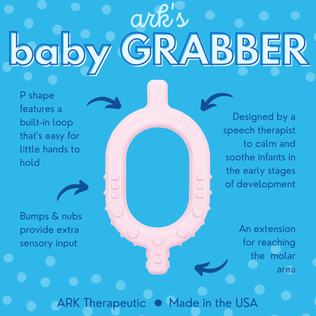 Ark baby grabber pink textured teething toy info graphic