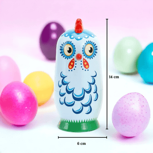 Babushka doll chicken with dimensions with pastel eggs in background