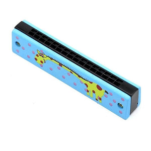 Blue giraffe wooden harmonica for kids on a white background