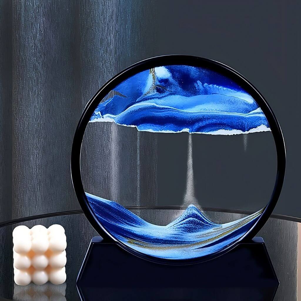 Blue moving sand art on a white book and brown background