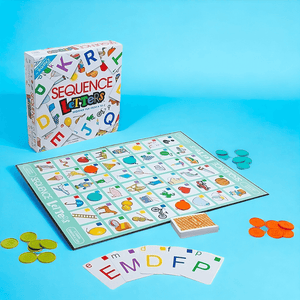 Box and contents of the Sequence Letters Board Game on a baby blue background