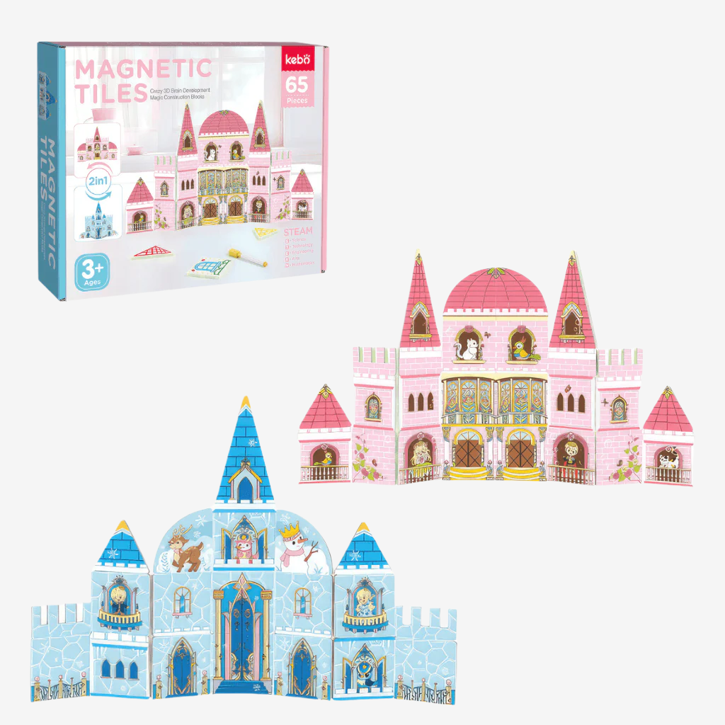 Box of double sided magnetic tiles castle set