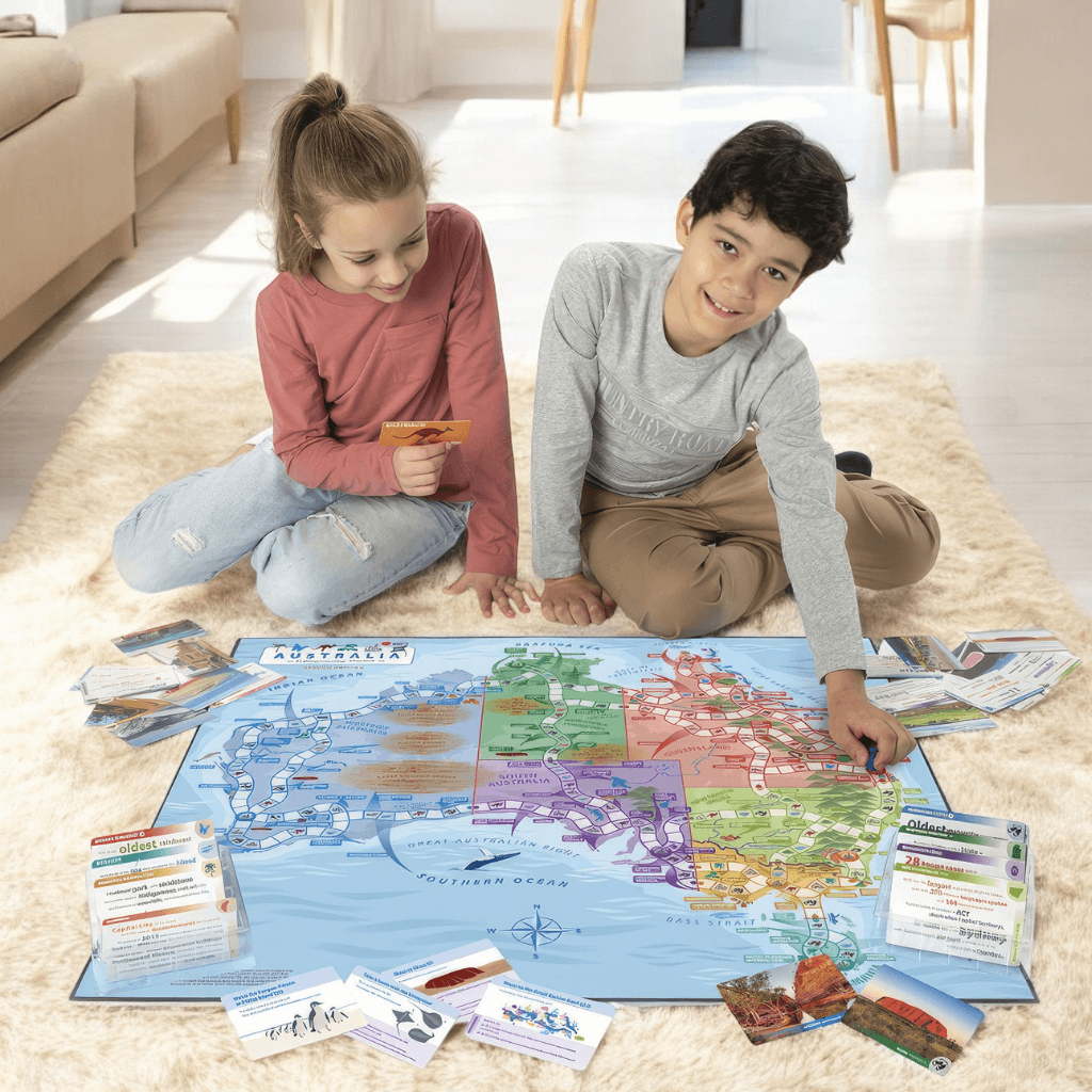 Boy and girl playing Australia Geography Board Game by Knowledge Builder on the floor