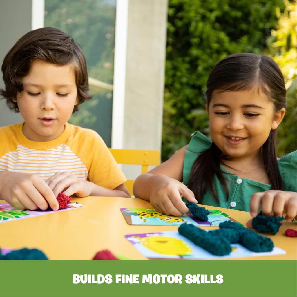 Boy and girl playing with Playfoam Naturals Shape & Learn Letters & Numbers by Educational Insights at a yellow table