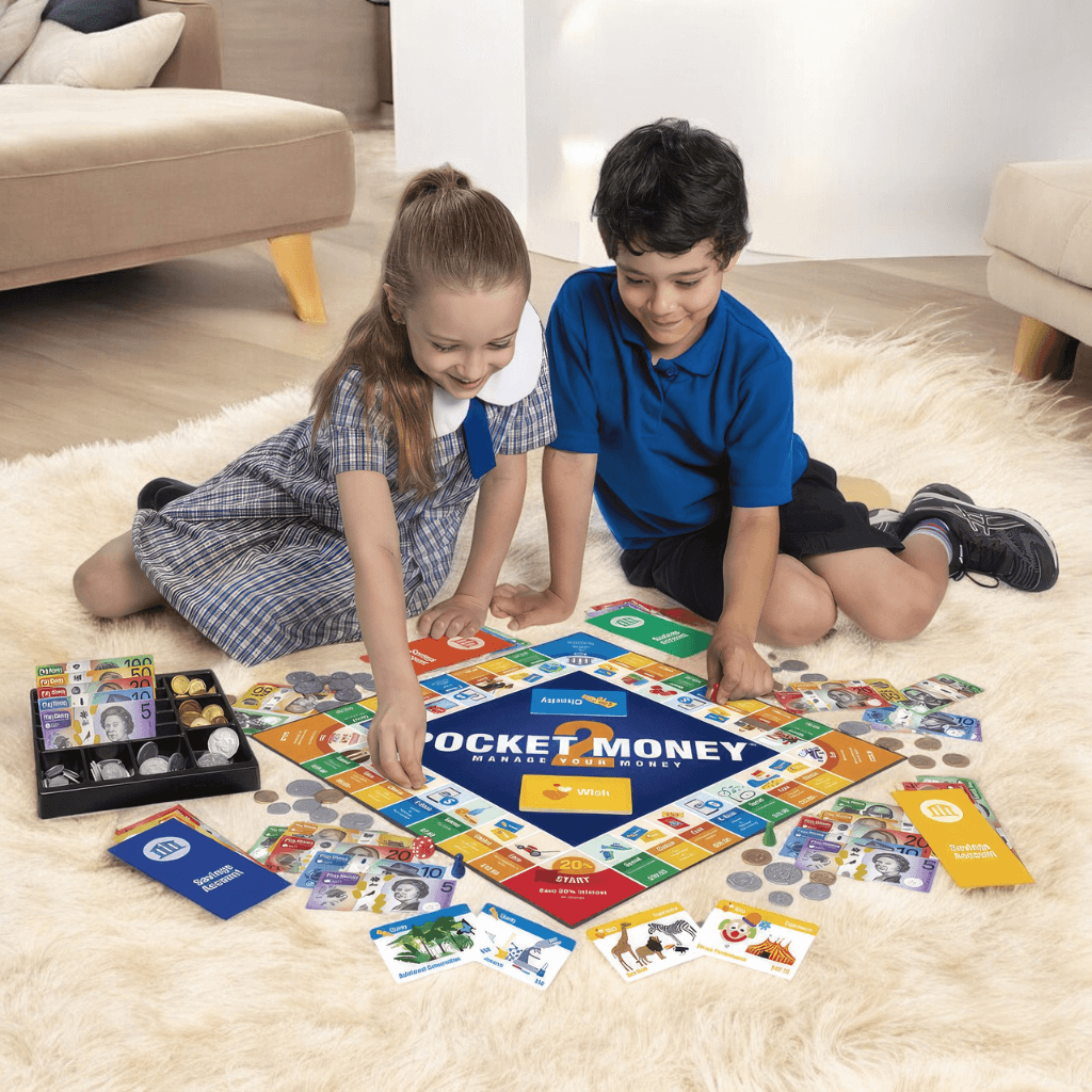 Boy and girl playing Pocket Money Game 2 - Manage Money by Knowledge Builder on the floor