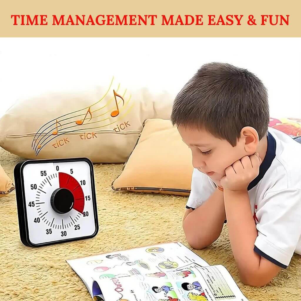 Boy studying on the floow with a timer showing 20  minutes next to him