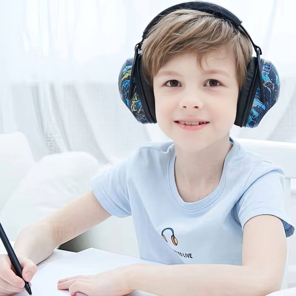 Boy wearing black earmuffs for kids