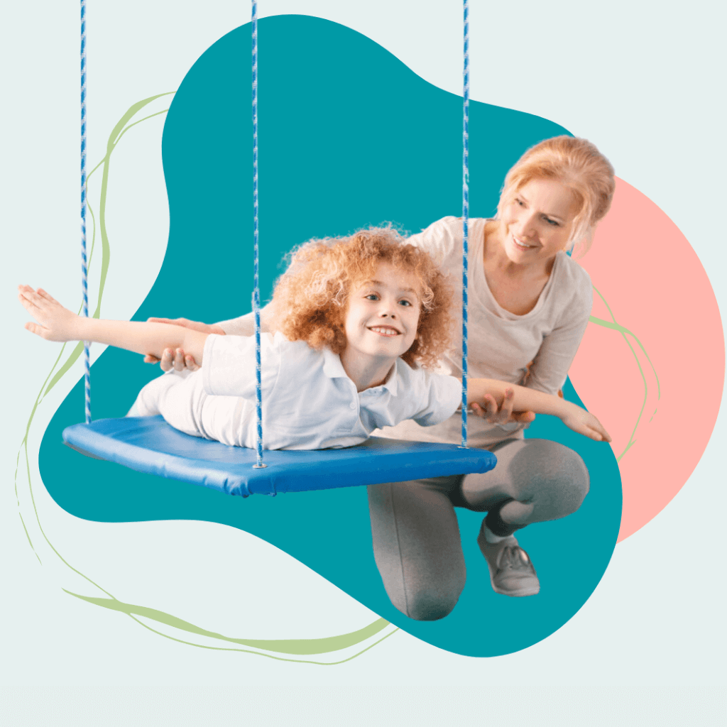 Boy and woman in a swing during an occupational therapy session