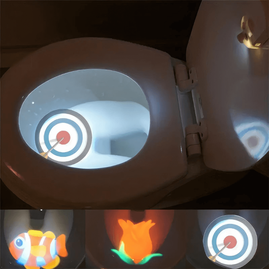 Boys Toilet Training Aiming Light with motion sensor  collage of four photos