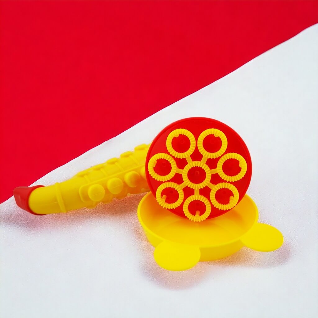 Bubble saxophone blower and tray on a white and red background