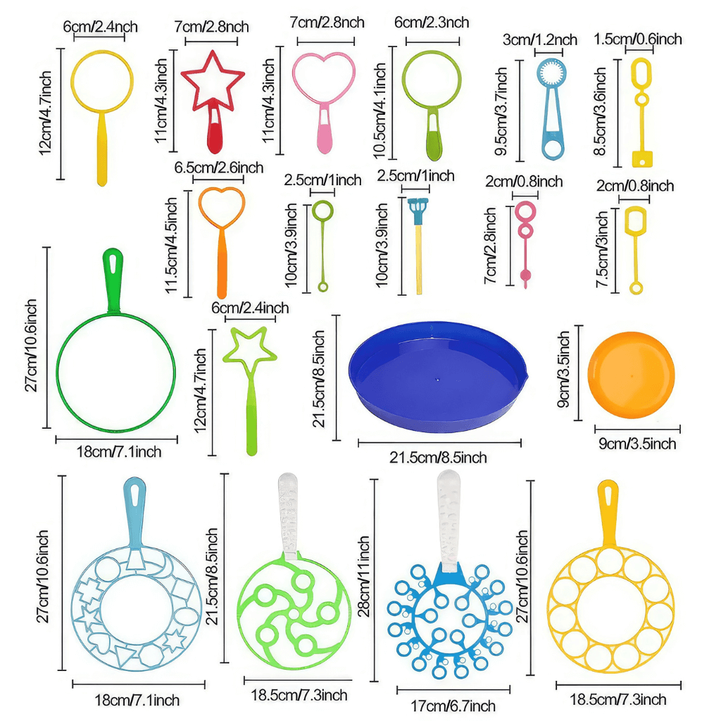 Bubble wands and trays with dimensions on white background