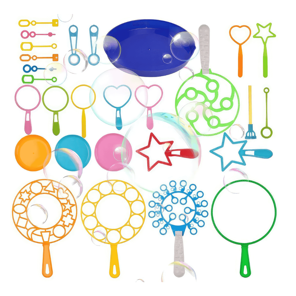 Bubble wands and trays on white background