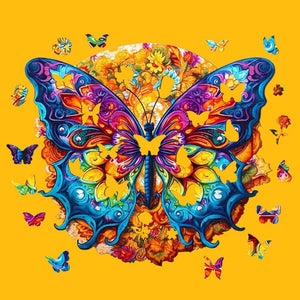 Butterfly jigsaw puzzle with animal shaped pieces on yellow background