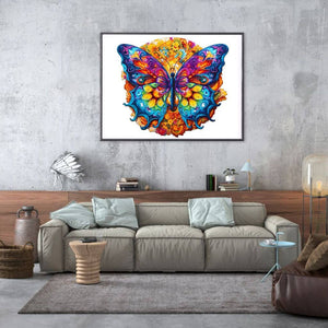 Butterfly jigsaw puzzle mounted on a living room wall