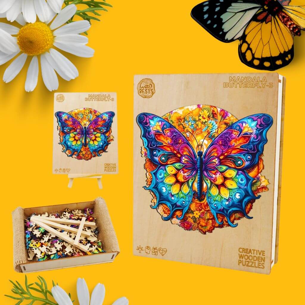 Butterfly puzzle box contents on yellow background with flowers