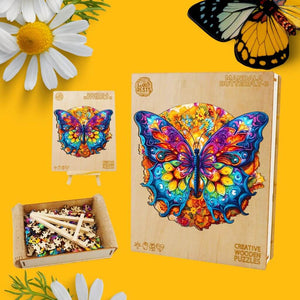 Butterfly puzzle box contents on yellow background with flowers
