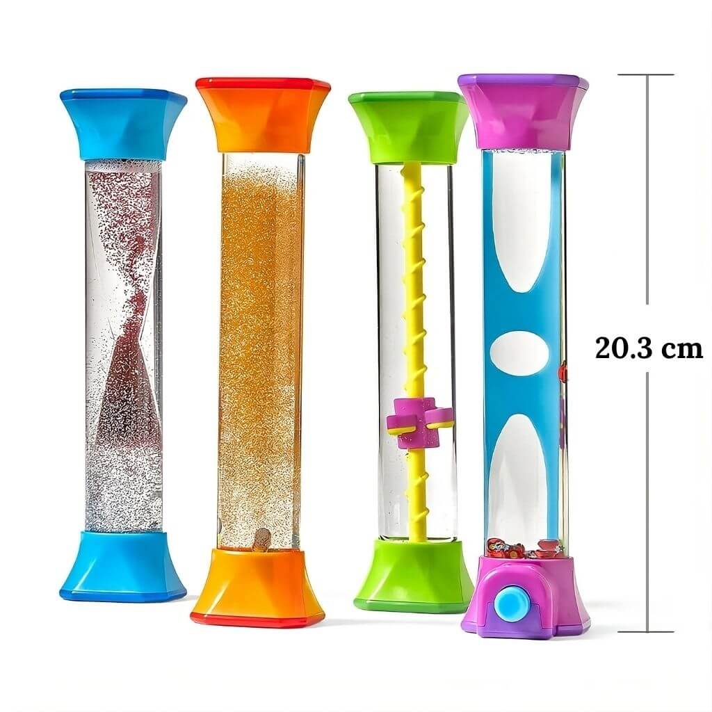 Calming Sensory Fidget Tubes Set of 4 by hand2mind on white background with measurements