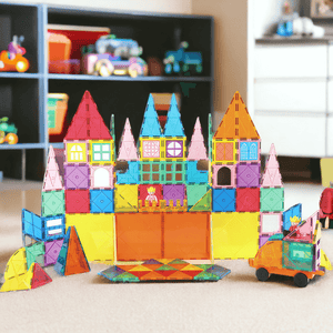 Castle made of magnetic tiles in Australia on the floor in a child's room