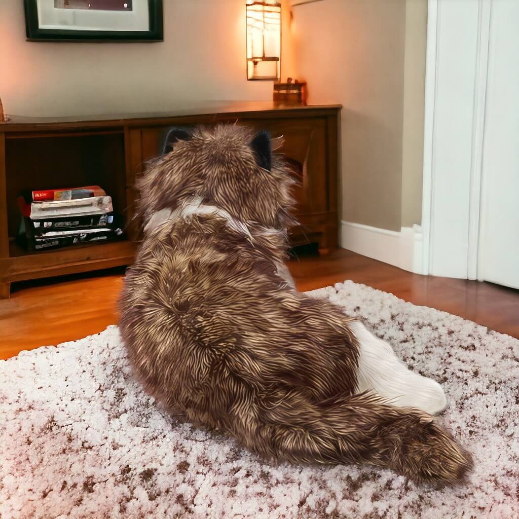 Cat ragdoll puppet from Folkmanis on a rug in a living room floor