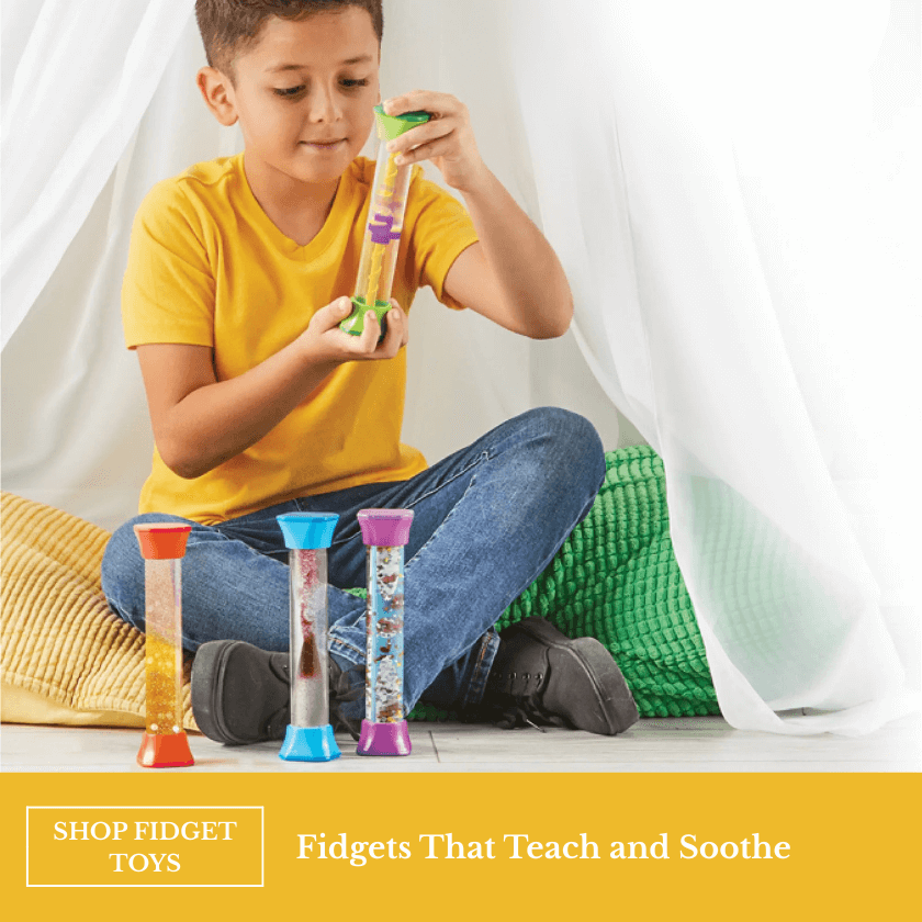 Caucasian boy playing with bottle fidgets under a tent