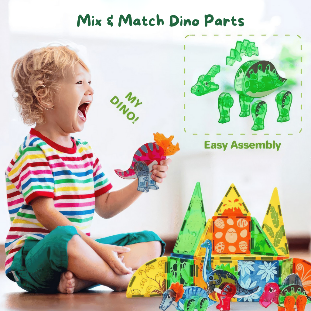 Caucasian boy playing with dino world magnetic tiles