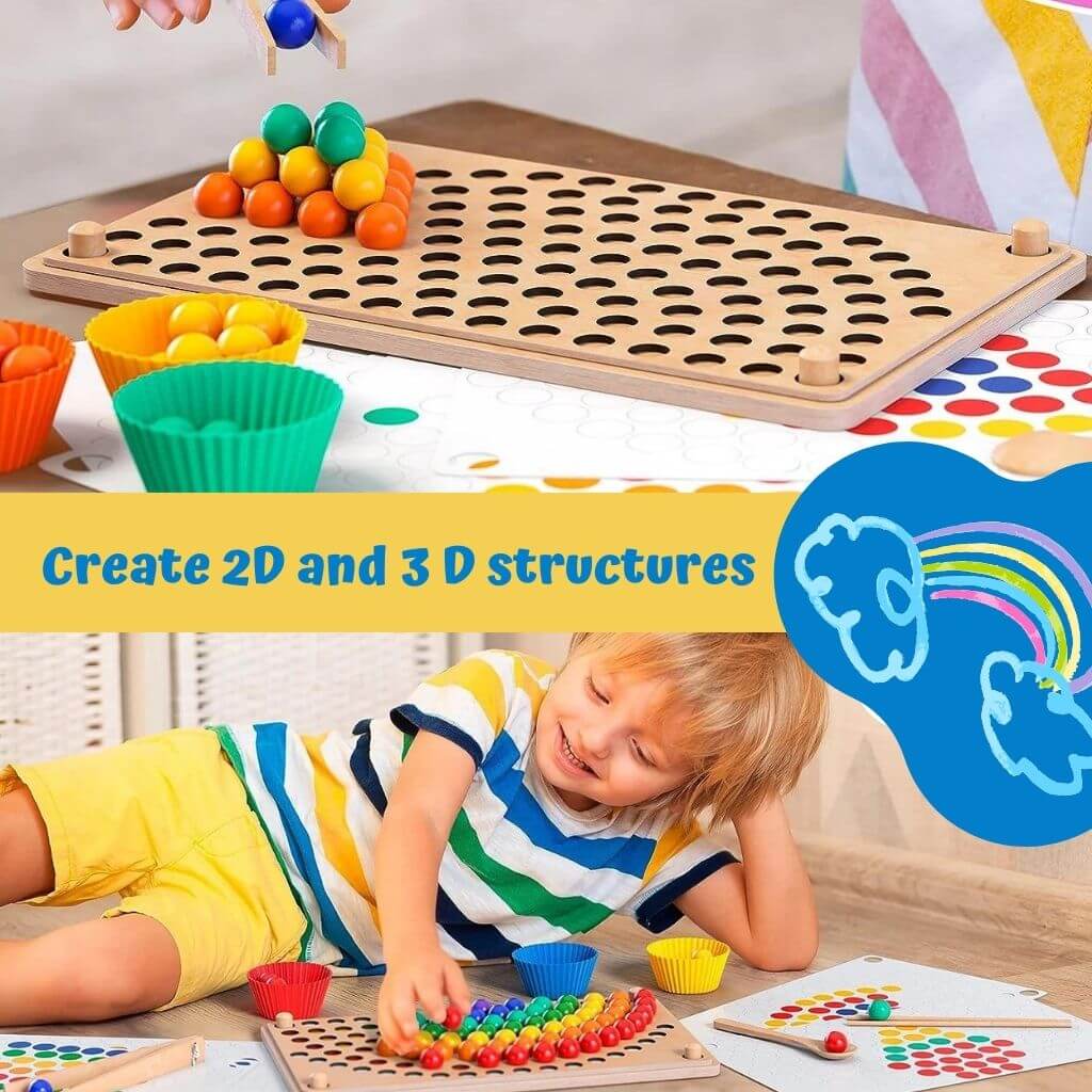 Caucasian boy playing with a fine motor toy with wooden balls and patterns on the floor
