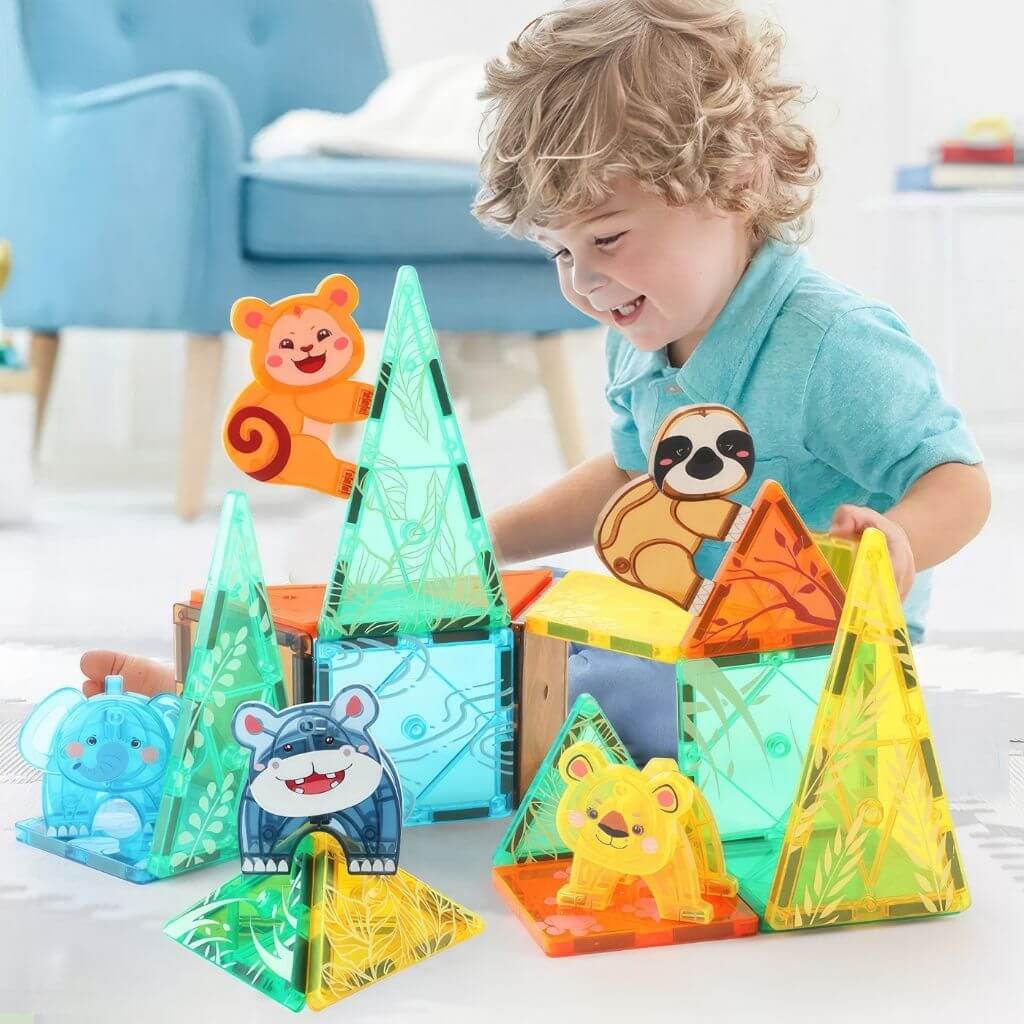 Jungle animals toy set with transparent figures and packaging on a white background