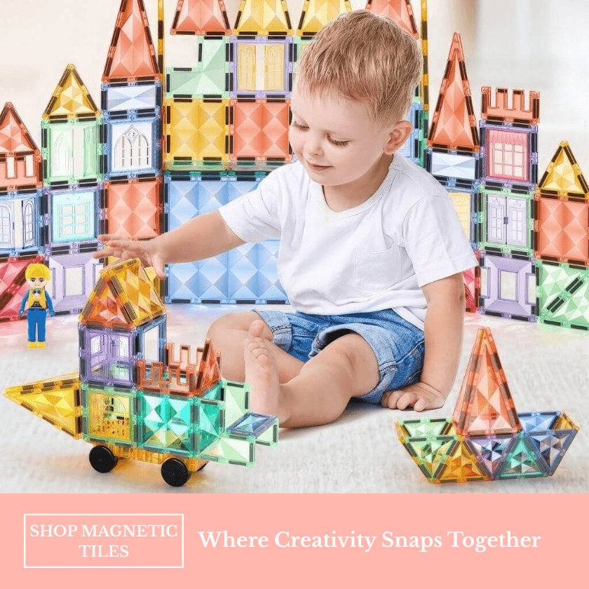 Caucasian boy playing with magnetic tiles on the floor