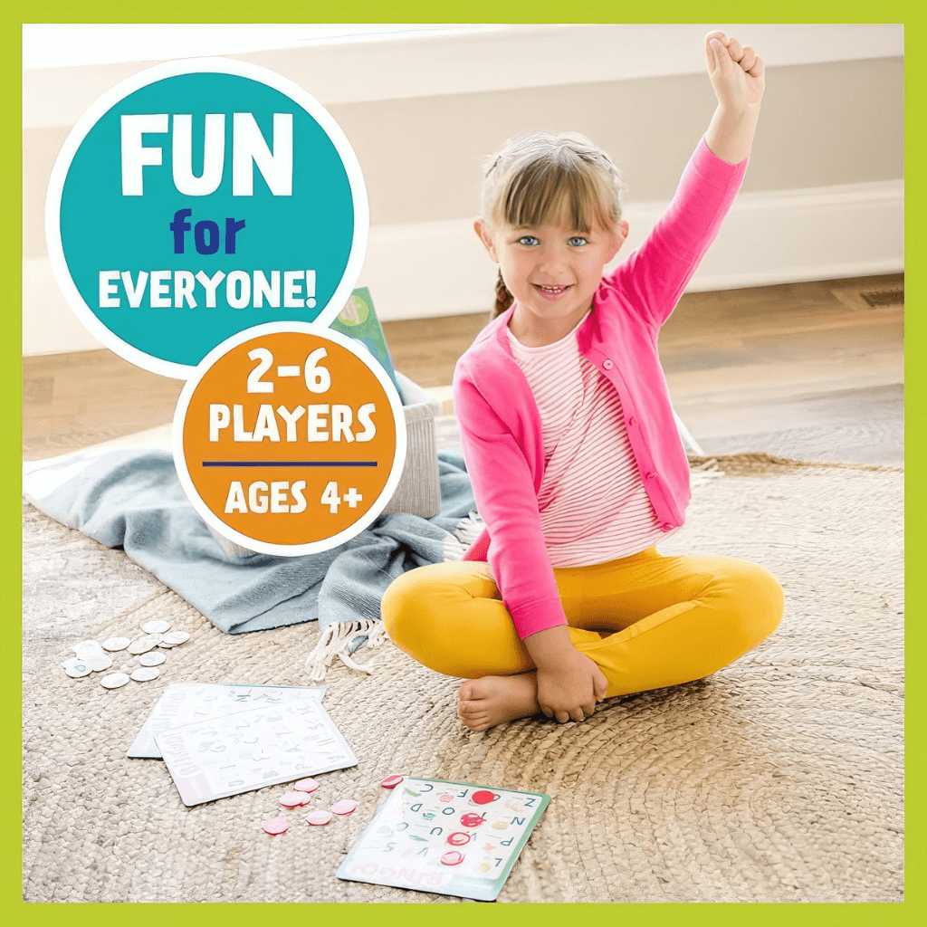 Caucasian girl playing Alphabet Bingo by Peaceable Kingdom  on a jute rug