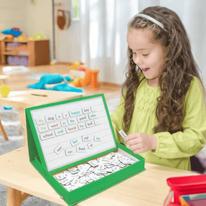 Caucasian girl playing Rainbow Sentences magnetic game by Junior Learning