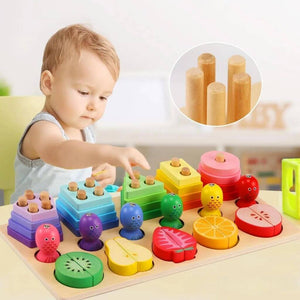 Caucasian toddler boy playing with a wood stacking toy for toddlers at a table