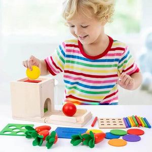 Caucasian toddler playing with a wooden fine motor toy at a table
