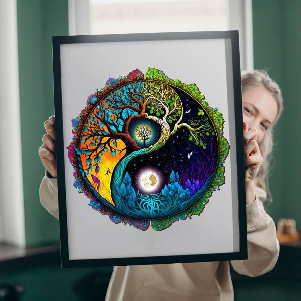 Caucasian woman holding a framed wooden puzzle secret garden