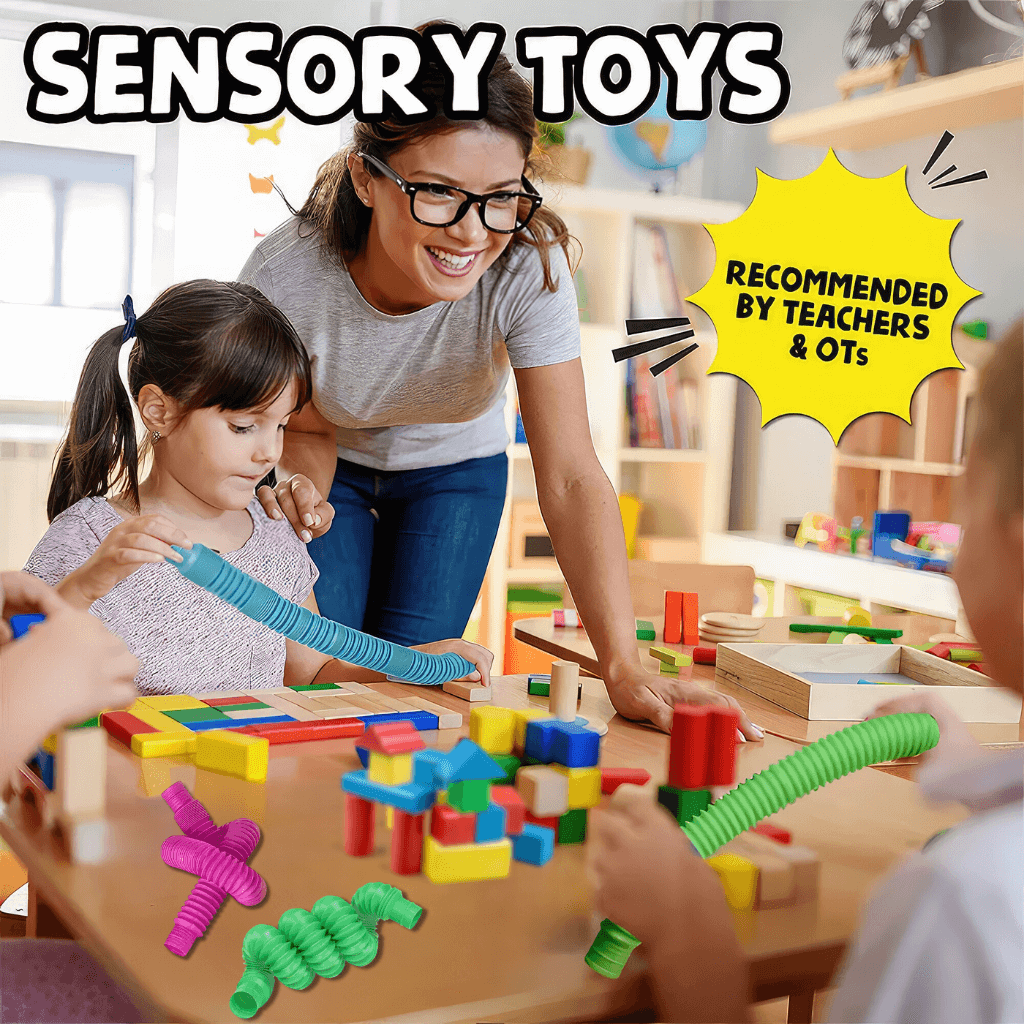 Caucasian woman and two children playing with pop tubes at a table