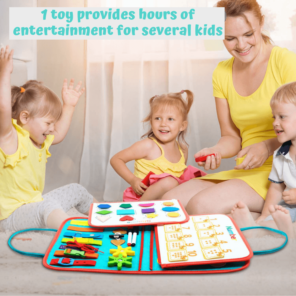 Caucasian women and three children playing with a busy book in Australia