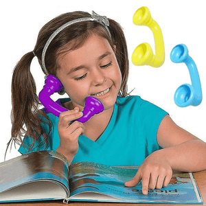 Caucazian girl reading with a whisper phone at her ear